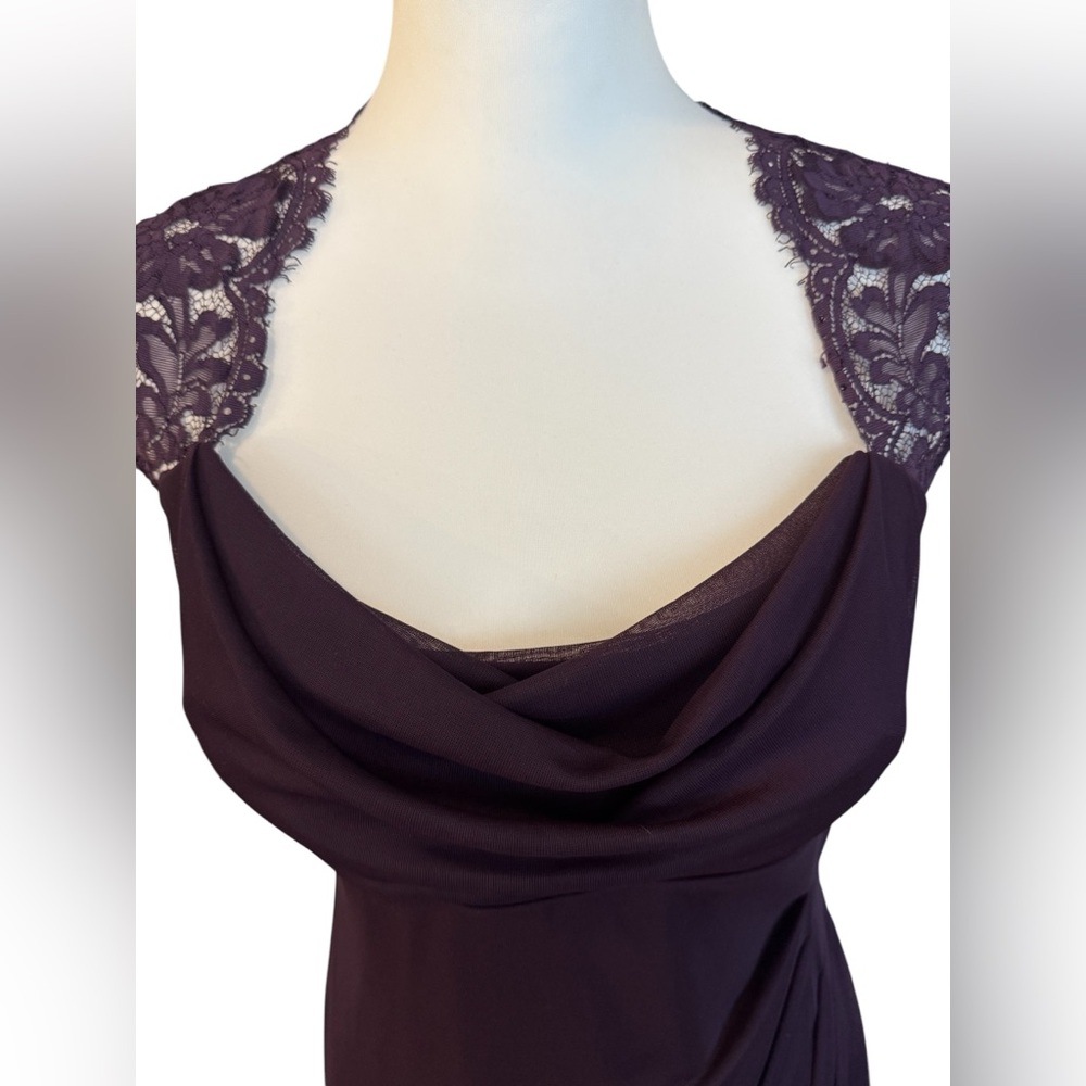 Xscape Ruched Dress Purple Size 10 lace cap sleeve fully lined drape chest - Picture 6 of 12